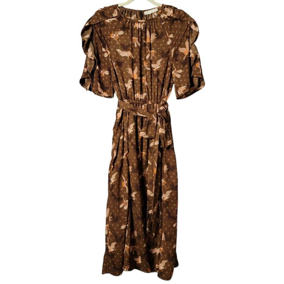 Happy X Nature Kate Hudson Polka Dot Bird Print Ruffle Belted Midi Dress Small - Picture 1 of 13